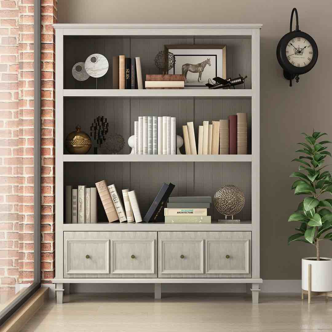 Bookshelf Cabinet Large Grey Sideboard Bookcase with 3-Tier Open Shelf & 2 Drawers 