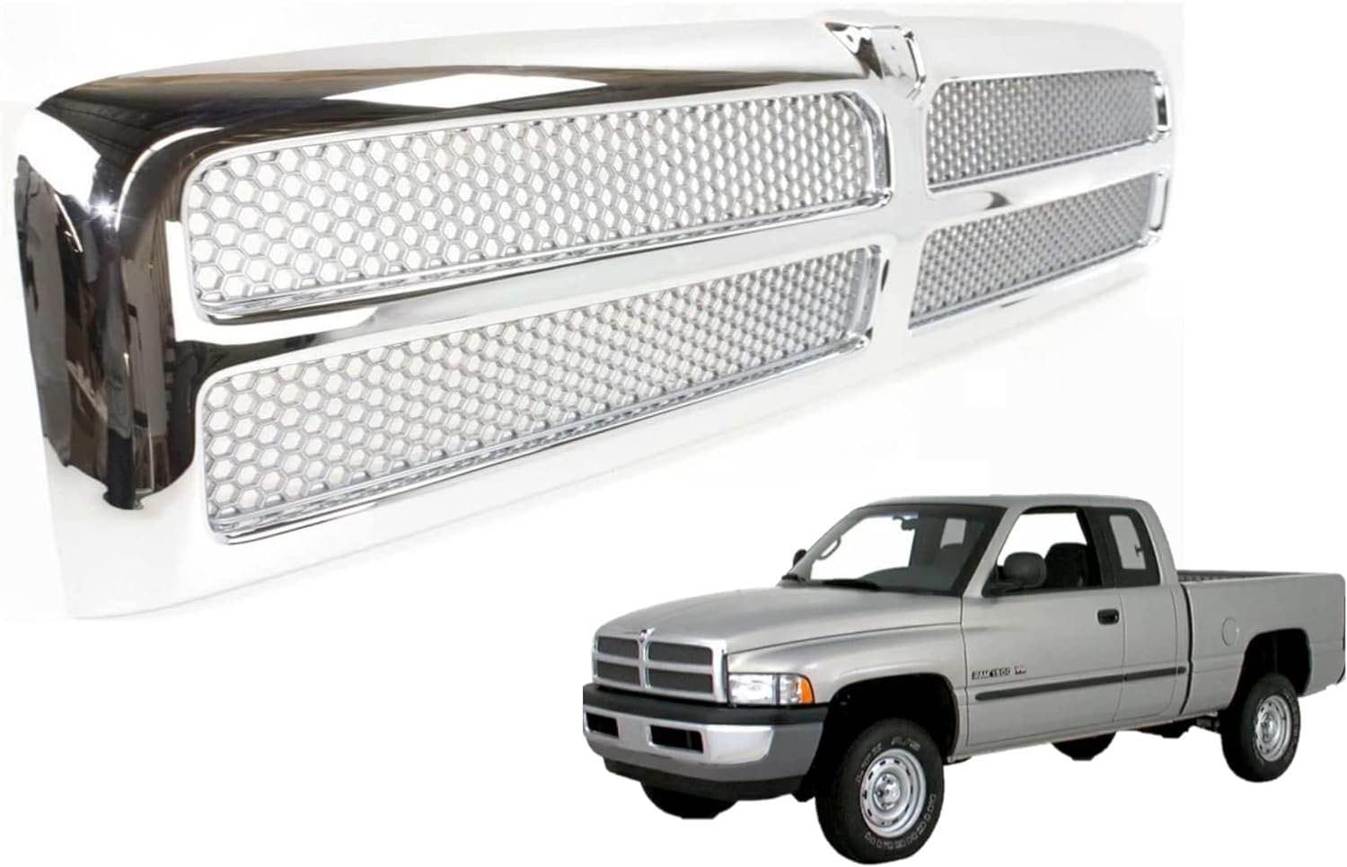 EzMech Front All Chrome Grille Assembly Compatible With Dodge Ram 1500 Grill 1994-2002 / Ram 2500 3500 Grill 1994-2001 With Chrome Frame Shell With Chrome Honeycomb Mesh Insert (Except Sport Package)