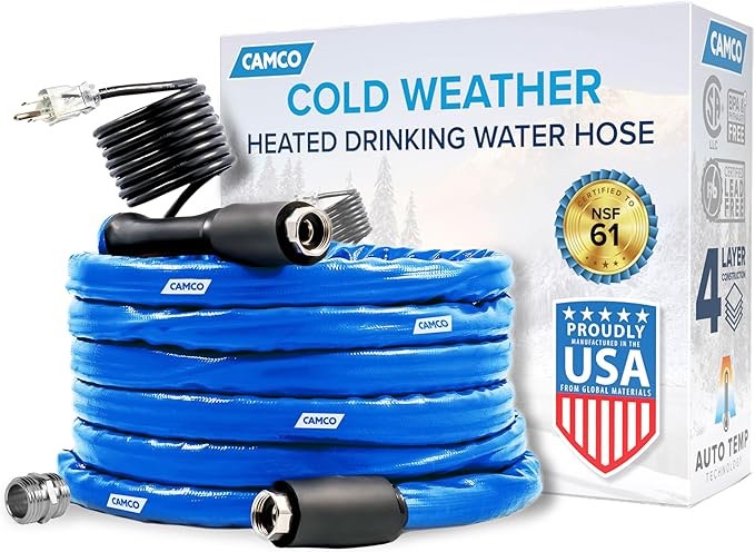 Camco 25-Foot Heated Drinking Water Hose | Features Water Line Freeze Protection Down to -20°F/-28°C & Energy-Saving Thermostat | Includes Adapter for Connection to Either End of Hose (22911)