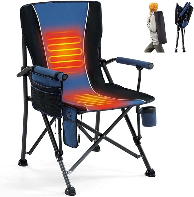 Heated Camping Chair Portable for Outdoor Sports Heavy Duty Heated Folding Lawn Chair Support 400lbs, Collapsible Heated Seat with Cup Holder&Carry Bag for Outside, Navy(12V Battery Pack Required)