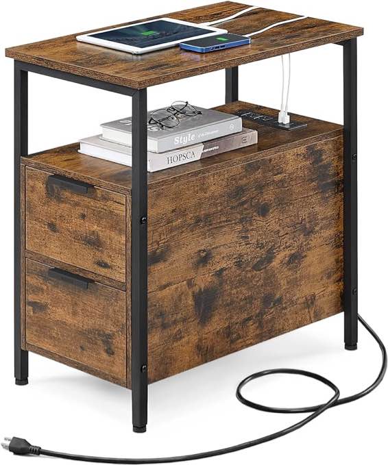 VASAGLE Side Table with Charging Station, Narrow End Table with 2 Drawers, Slim Nightstand and Bedside Table with Storage, for Small Spaces, Black ULET321B22