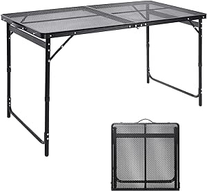 Moosinily Picnic Table 4Ft Grill Table Mesh Top Light Weight Portable Table with Carry Handle Adjustable Height Folding Camping Table for Outdoor Indoor Grill BBQ Travel Barbucue Beach RV Black