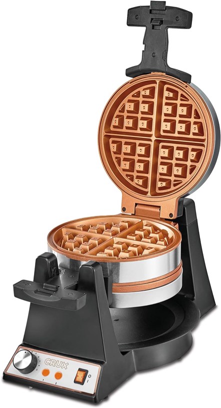 CRUX Double Rotating Belgian Waffle Maker, Keto Chaffles Iron with Nonstick PFOA Free Copper Plates for Easy Food Release, Browning Control and Removable Drip Tray, Stainless Steel