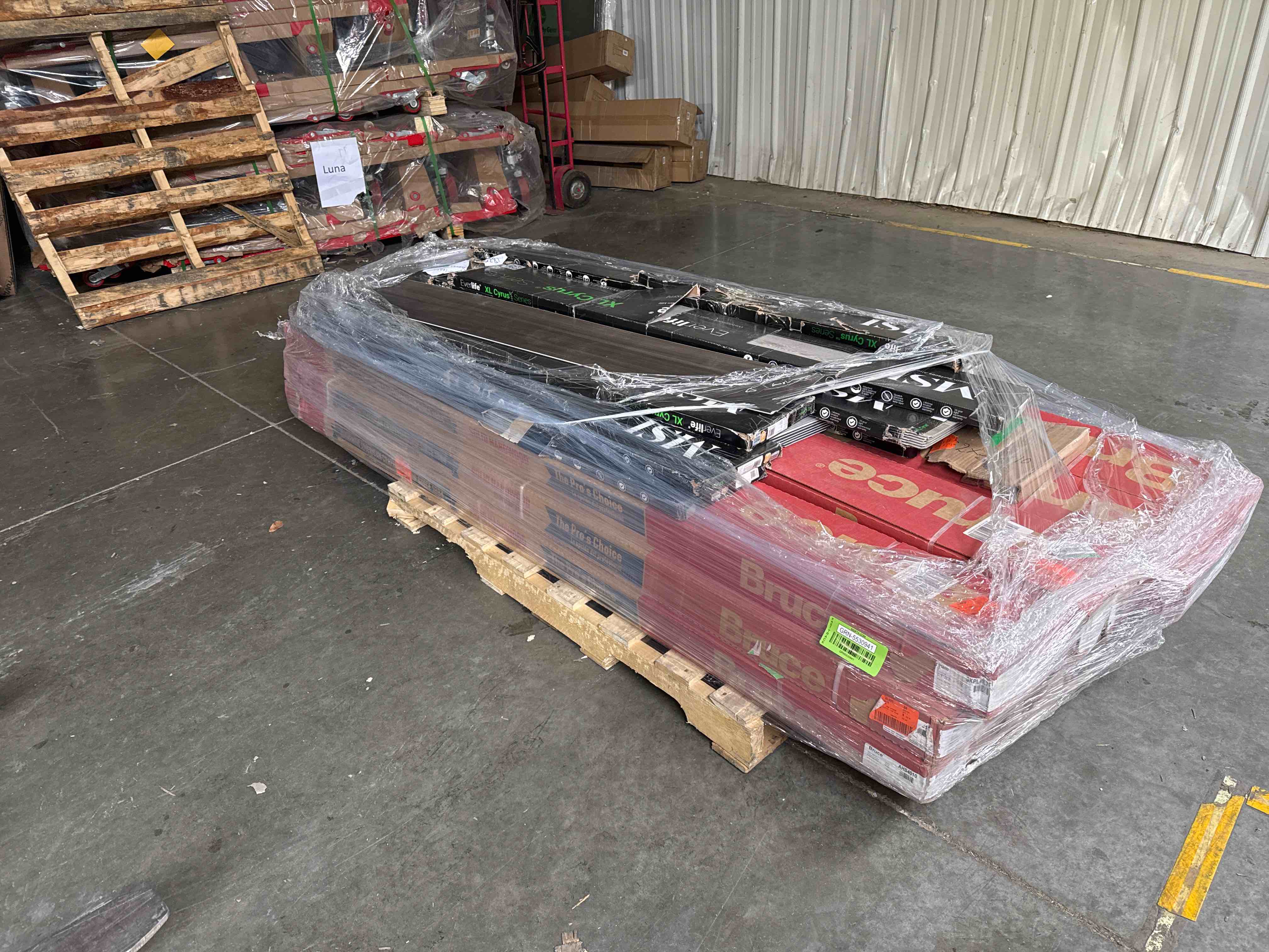 skid lot of prefinished, Bruce, hardware flooring, and MSI vinyl flooring