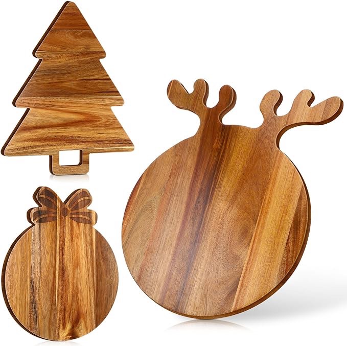 Yungyan 3 Pcs Christmas Cutting Board Charcuterie Board with Antler Handle Acacia Wood for Kitchen with Handle Round Charcuterie Board for Pizza Bread Cheese Fruit Gift for Christmas