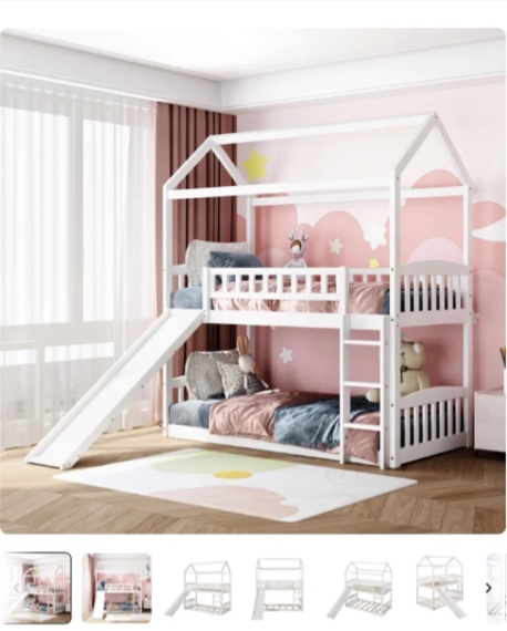 Twin Over Twin Bunk Bed with Slide\ House Bed with Slide\ White (box 1/2 only for pick up)
