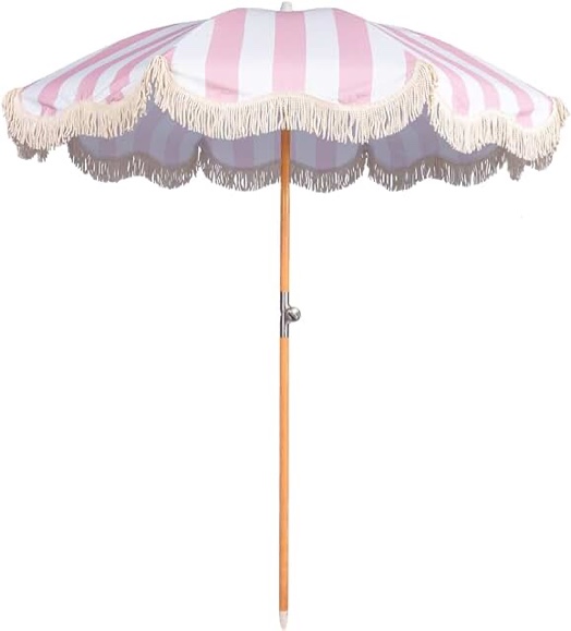 Funsite 6.5ft Boho Beach Umbrella with Fringe, UPF 50+ Tassel Umbrellas with Carry Bag, Premium Wood Pole Foldable Patio Umbrella for Outdoor Holiday Garden Lawn Pool Yard Table, Pink Stripe