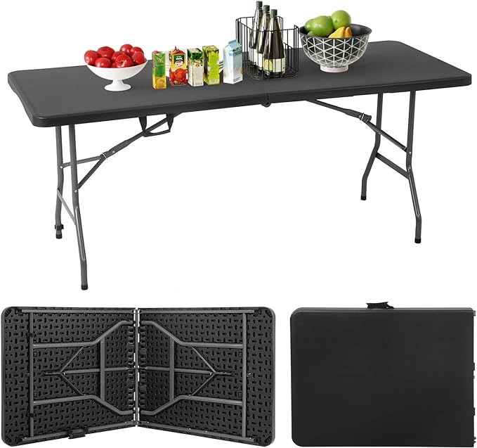 PayLessHere Folding Tables, Plastic 6ft Folding Table,Half Portable Foldable Table for for Parties Wedding BBQ Camping, Black 6FT