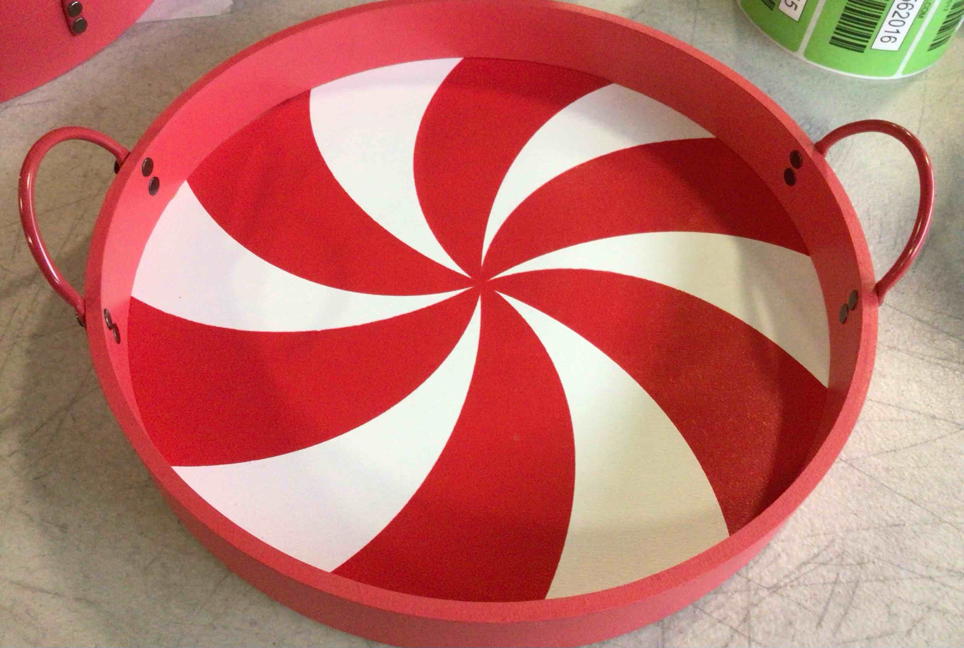 Round Wood Tray. Red and White Peppermint Style with Handles