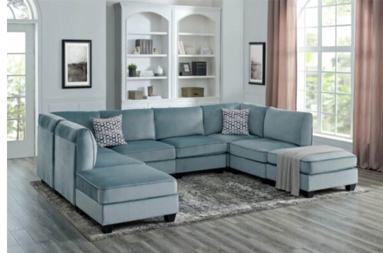 Prichard 8- Piece Upholstered Sectional, Light Blue Velvet- INCOMPLETE 