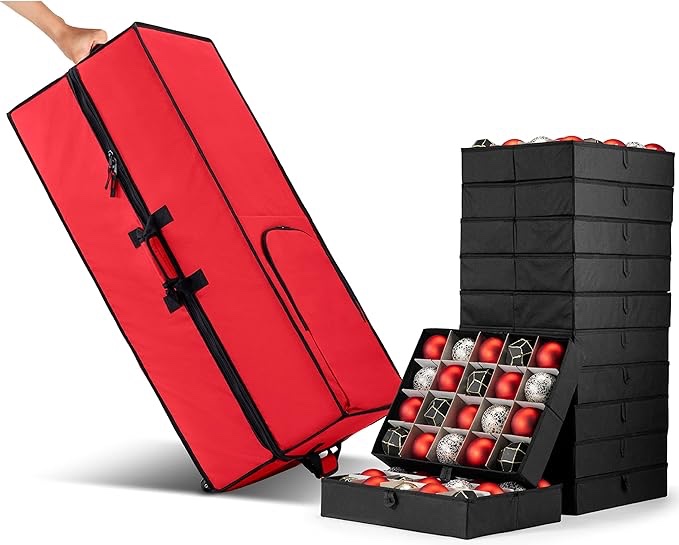 Zober Extra Large Rolling Christmas Ornament Storage Box 3-Inch, 12 Trays Holds Upto The Astronomical Amount Of 240 Holiday Ornaments, Xmas Ornament Box with Wheels, Clear Pockets For Christmas Accessories