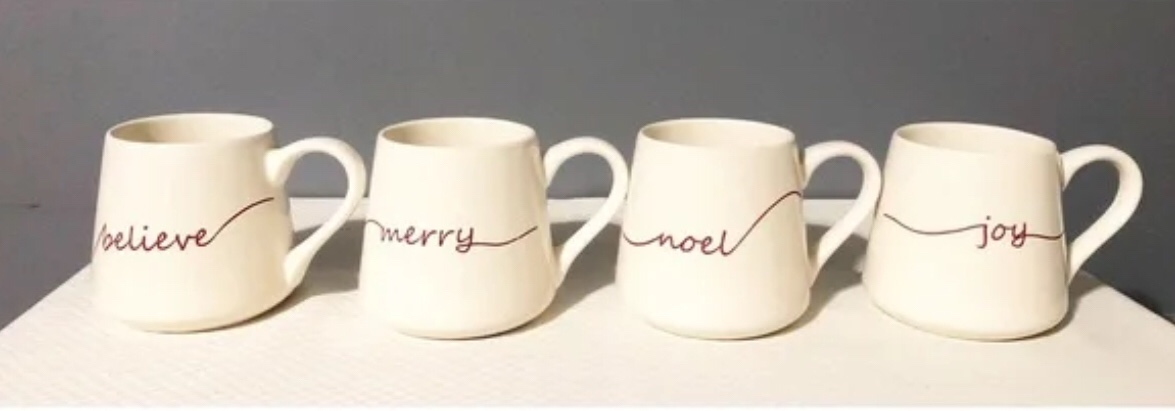 4 Christmas Coffee Mugs, (Believe, Merry, Noel & Joy)
