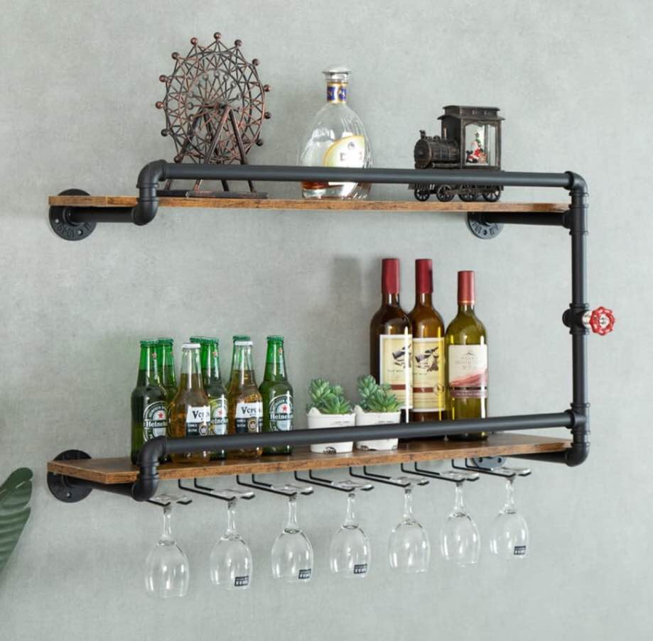BOTAOYIYI Wine Rack Wall Mounted 2 Tier, Hanging Floating Bar Liquor Shelves with Glass Holder Storage Under, Industrial Rustic Pipe Farmhouse Kitchen Decor Black(35.4x10.6x19.7)