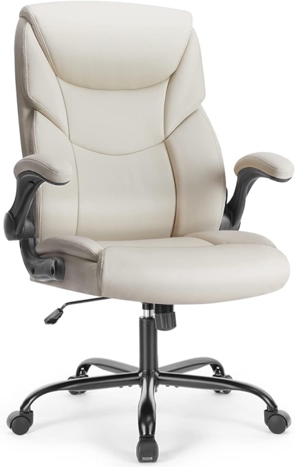 Office Chair - Ergonomic Executive Computer Desk Chairs with Adjustable Flip-up Armrest, Swivel Task Chair with Lumbar Support, Strong Metal Base, PU Leather, White
