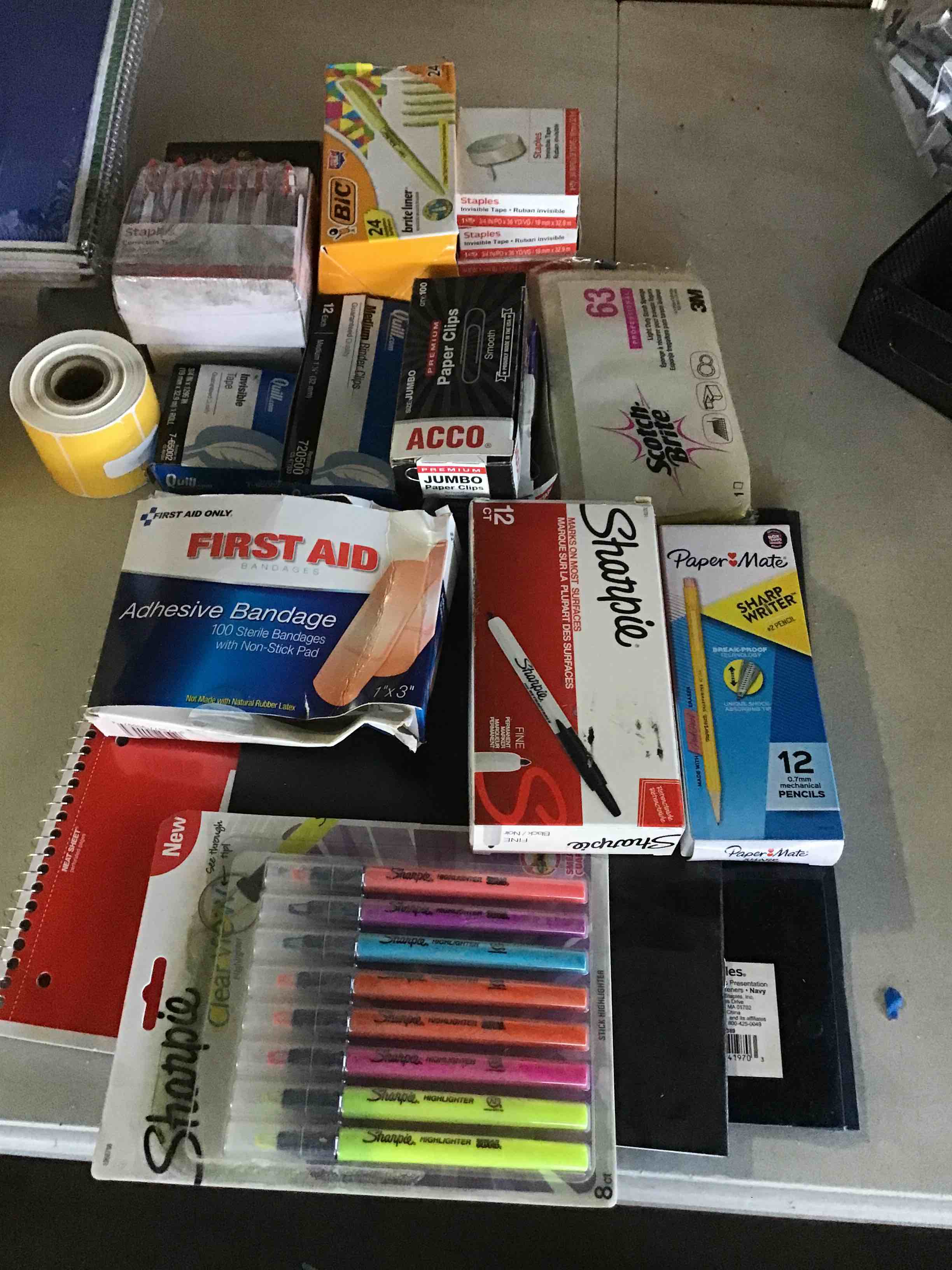 Office assortment included, paper, pencils, large folder clips Accos and more