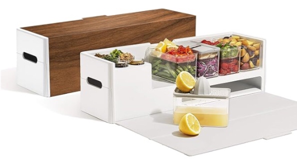 Prepdeck Recipe Preparation Kit and Storage, 8 Premium Prepping Tools, Cutting Board with 15 Tritan Plastic Food Containers with Lids, Removable Trash Bin, Microwave and Top-Rack Dishwasher Safe