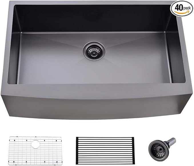 33 Inch Black Farmhouse Apron Sink -Bokaiya 33x22 Black Stainless Steel Farmhouse Sink 16 Gauge Single Bowl Farm Sink with Dish Grid