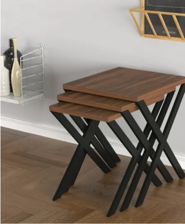 Kirai 3 pcs nesting table, metal legs with wood top, Walnut