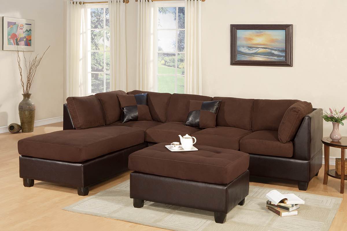 Brown Fabric Chicolate Faux Leather Sectional w/ Ottoman F7615 Poundex ( INCOMPLETE, Missing Ottoman)