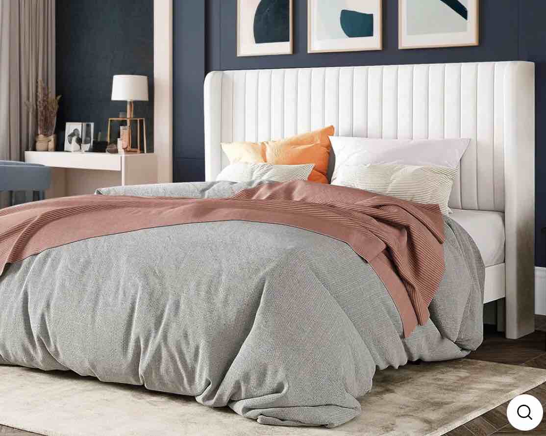 Velvet Upholstered Platform Bed Frame with Vertical Line Tufted Adjustable Headboard (incomplete 1 box only)