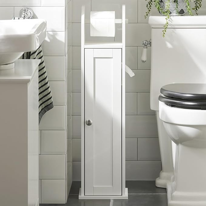 Haotian FRG135-W, White Free Standing Bathroom Toilet Paper Roll Holder, Storage Cabinet Holder, Organizer for Bath Toilet