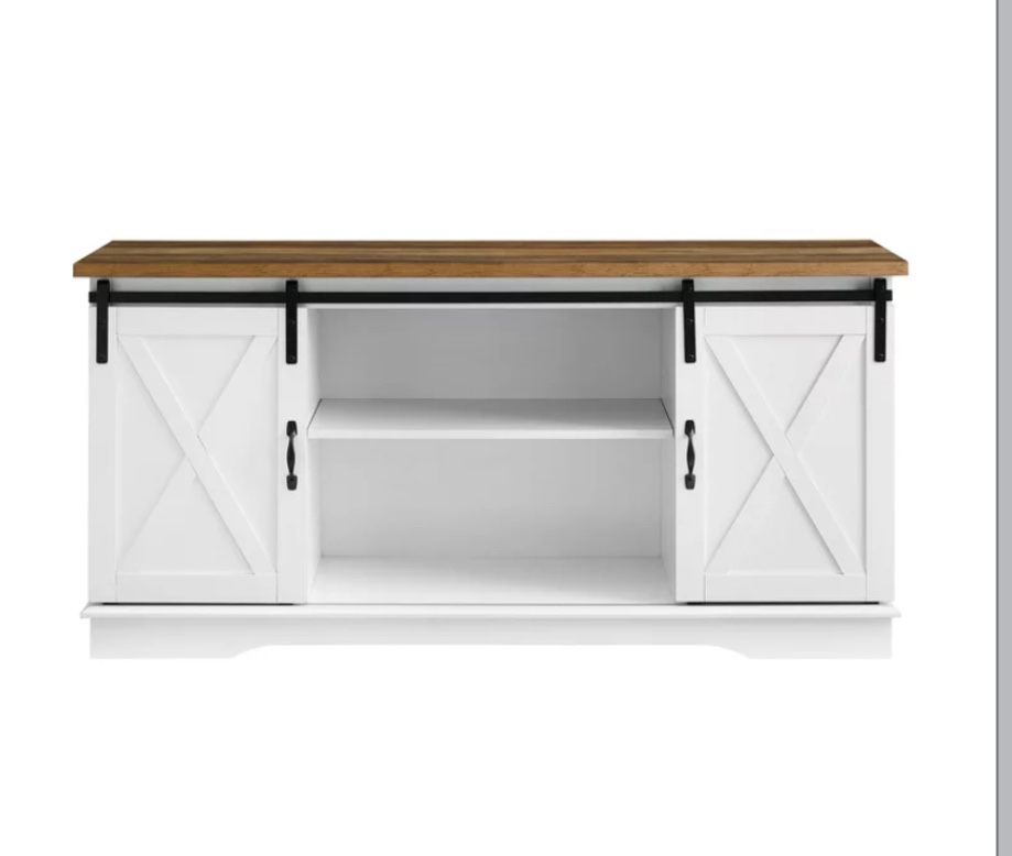 Woven Paths Farmhouse Sliding Barn Door TV Stand for TVs up to 65", White/Reclaimed Barnwood
