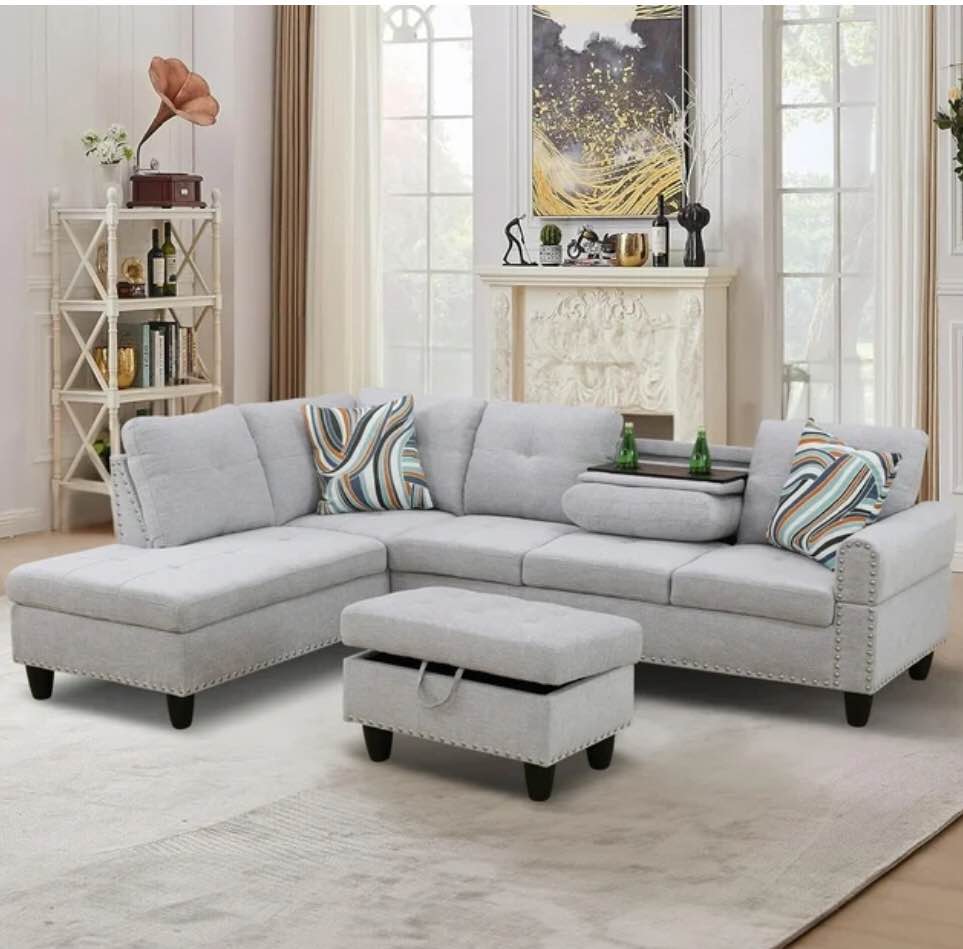 ottoman light grey nailhead trim *similar to stock photo*  *incomplete, ottoman only* 