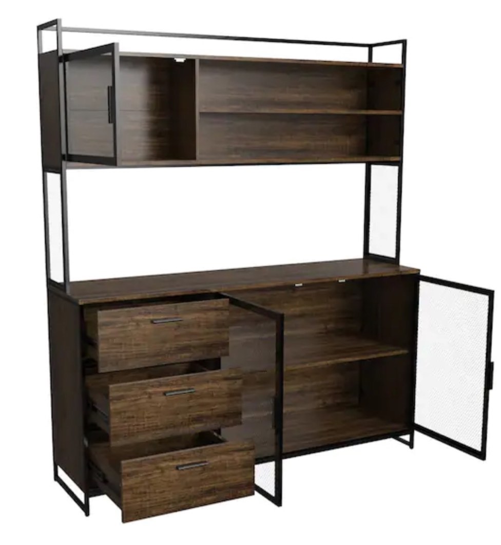 Brown Food Pantry Buffet Sideboard Pantry Cabinet with Metal Mesh Doors, 3-Drawers, Shelves For Kitchen Dinning Room KF210150-02 (incomplete box 2 of 2 only)