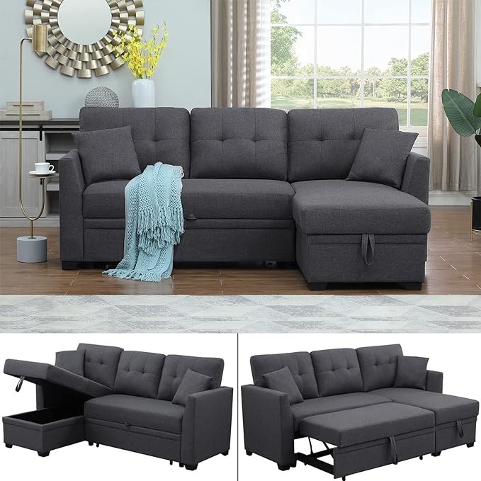 Convertible Sectional Sleeper Sofa with Pull Out Couch & Storage Chaise *incomplete,box 2/3 only(INCOMPLETE, chaise only)* 