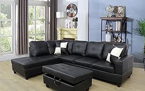 Lifestyle Sectional Sofa Set black faux leather (Incomplete, left arm chaise and ottoman only) 
