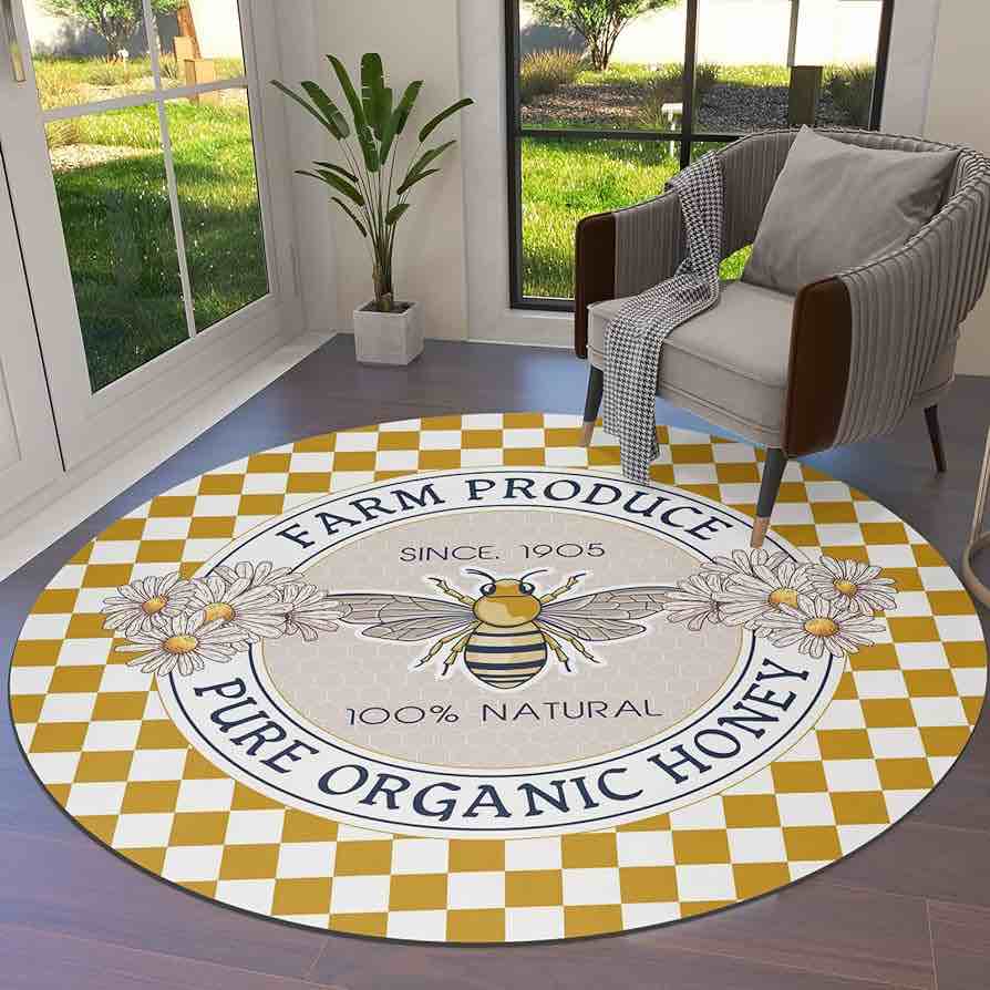 Round gold and white checkered rug 