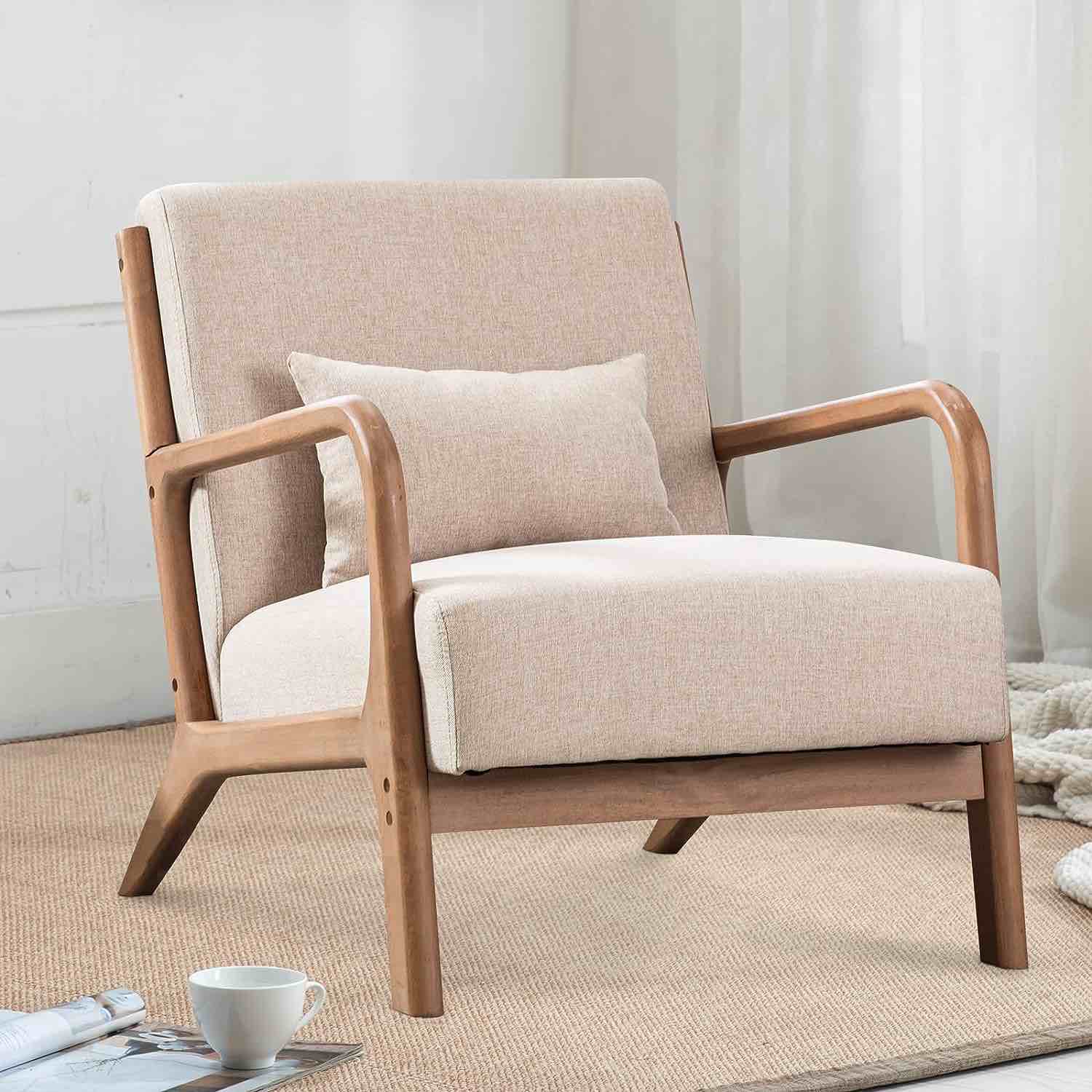 Hertford Upholstered Linen Blend Accent Chair with Wooden Legs and One Pillow
