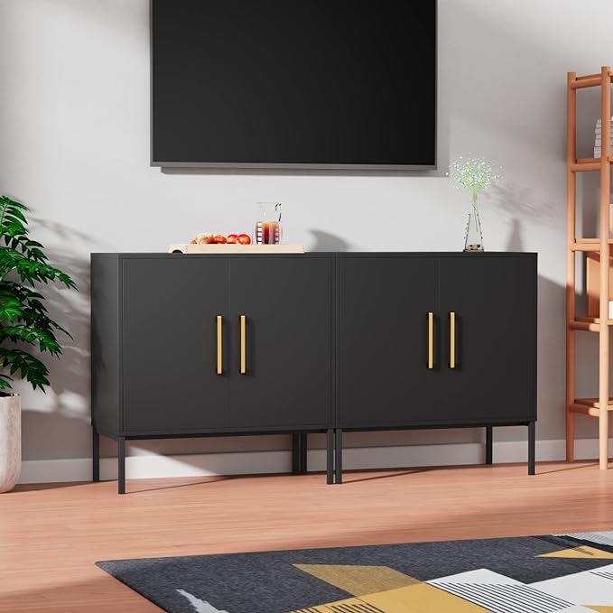NOVAMAISON Sideboard Buffet Cabinet Set of 2, Black Storage Cabinet with 2 Doors and Adjustable Shelves, Accent Cabinet