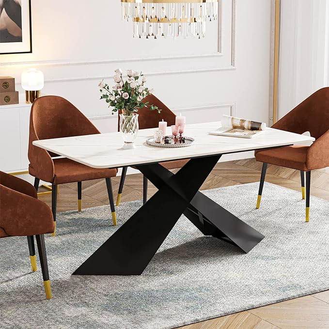HERNEST 63 Inch White Sintered Stone Dining Table for 4-6, Modern Heavy Duty Dining Room Table with Marble Texture Table Top and Black X-Shaped Carbon Steel Pedestal Kitchen Table (INCOMPLETE SET, TABLE BASE ONLY)