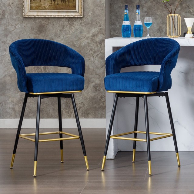 Extra-Tall Bar Stools Swivel Bar Stool With Back, Upholstered, Velvet, Set of 2, Blue, 30''