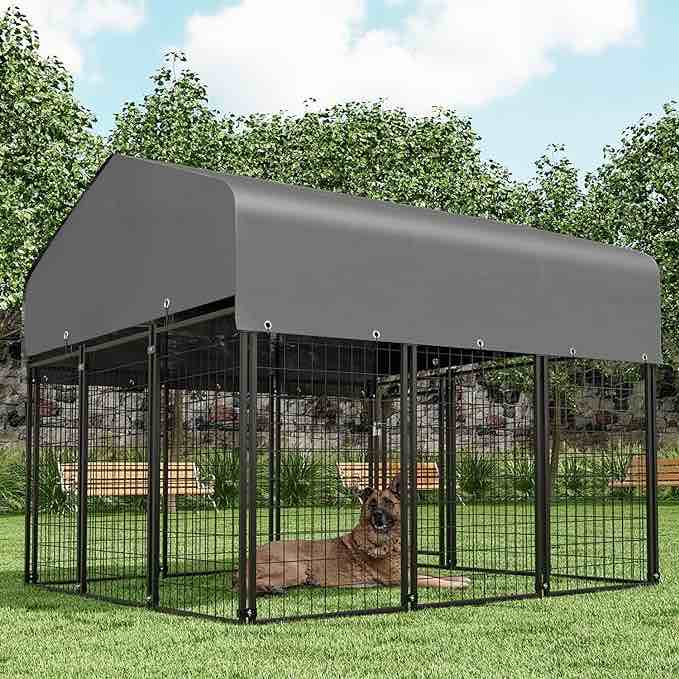 MoNiBloom Dog Kennel with Waterproof Cover, Heavy-Duty Outdoor Dog Pen with Rotating Feeding Doors, 6.25ft High Expandable Dog Playpen House with Powder Coated Steel Frame for Large Dogs, 12 Panels