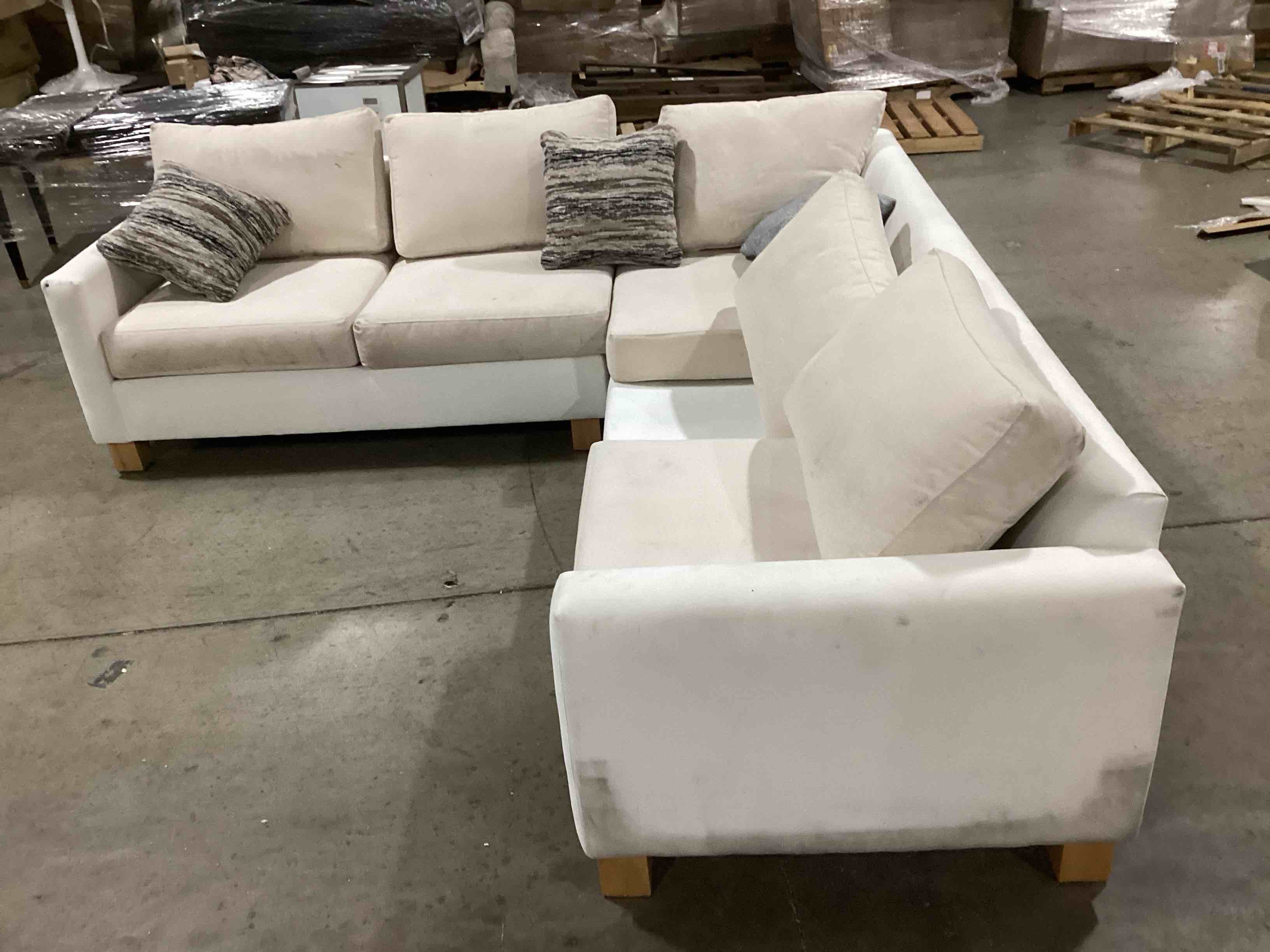 2 Piece Sectional Sofa with 3 Pillows - White and Beige (missing one seat cushion)