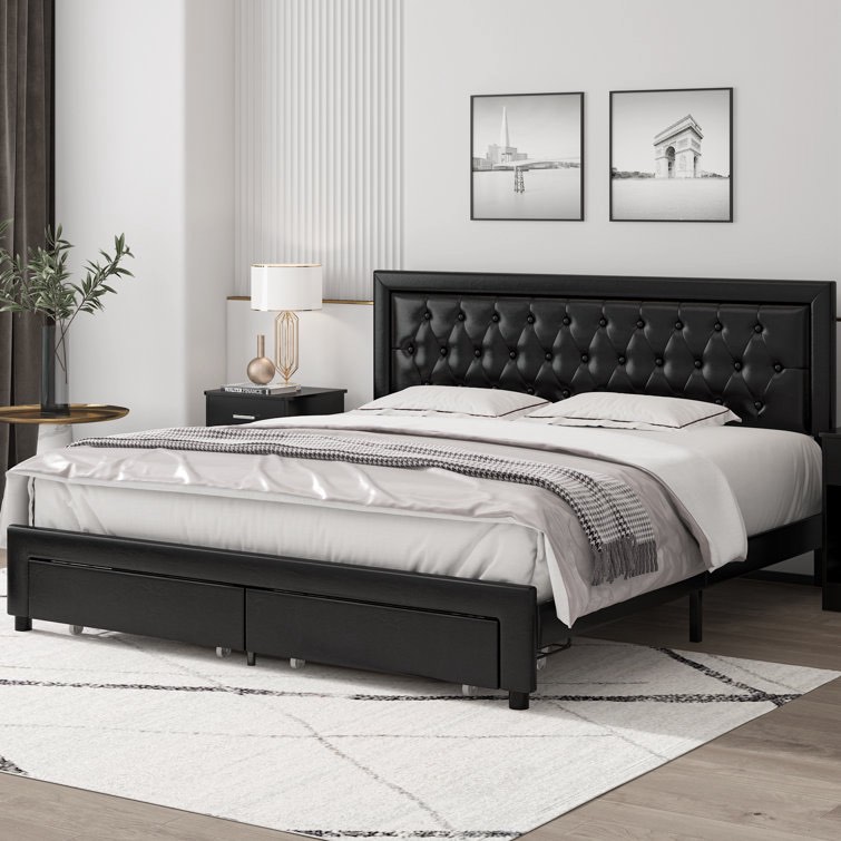 Black Binghamton Queen Tufted Upholstered Platform Bed With Headboard, Bed Frame With 2 Storage Drawers