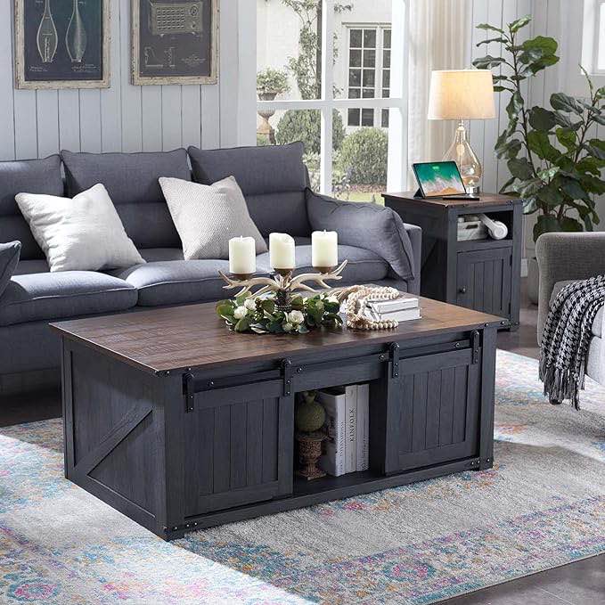 SinCiDo 48” Lift Top Coffee Table, Coffee Table with Storage & Sliding Groove Barn Door, Farmhouse Coffee Table Rustic Wood Cocktail Table w/Double Storage Spaces for Living Room, Dark Grey