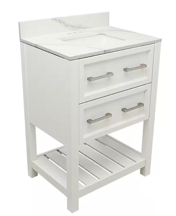 Amluxx Milan 25 in. W x 19 in. D Bath Vanity in. White with Quartz Stone Vanity Top in Calacatta White with White Basin (INCOMPLETE SET, SINK ONLY)