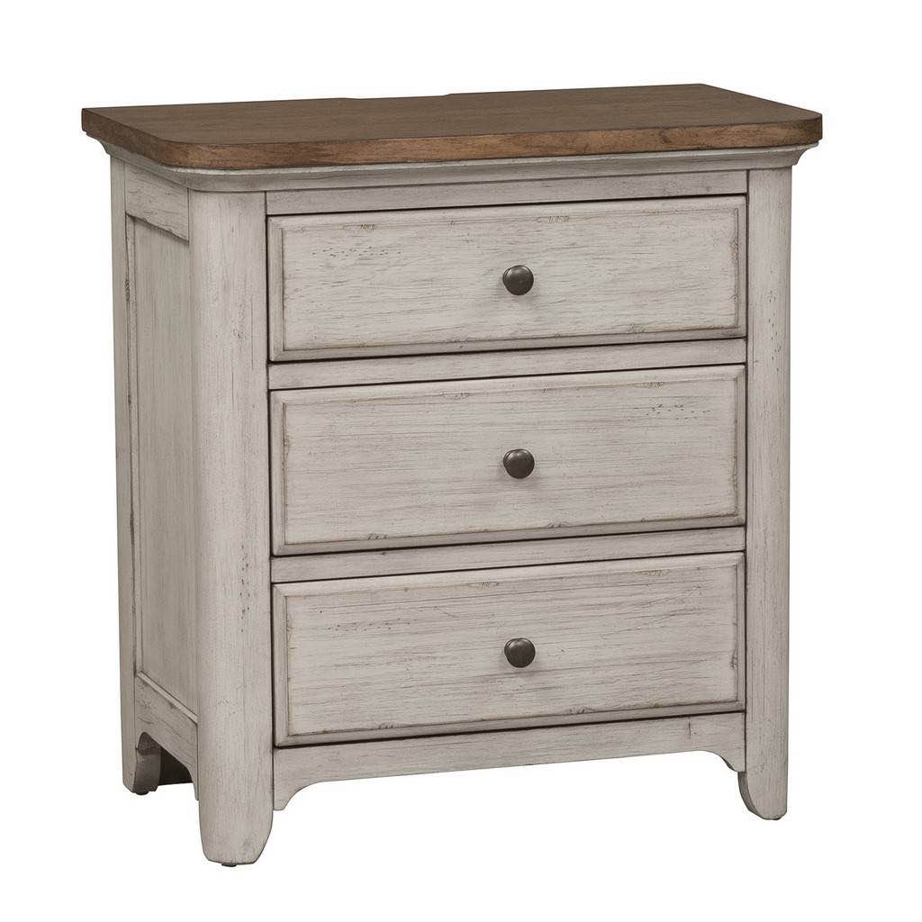 Farmhouse 3 Drawer Night Stand w/ Charging Station In Antique White Finish with Chestnut Tops - Liberty Furniture 652-BR61