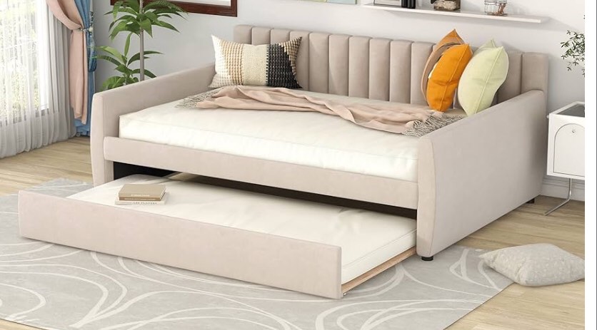 Full Size Daybed with Trundle, Upholstered Day Bed Frame Velvet Sofa Beds with Vertical Channel Tufted Headboard for Living Room, Bedroom, Beige. 2 of 2 only incomplete 