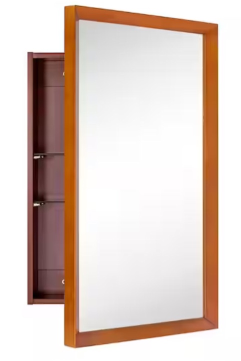 Mid-Century 16.5 in. W x 27.5 in. H Recess and Surface Mount Rectangular Acorn Wood Framed Medicine Cabinet with Mirror