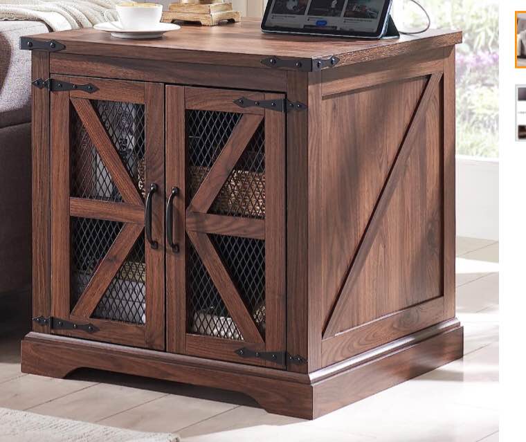 JXQTLINGMU Farmhouse End Table, 24" Large Sofa Side Table with Charging Station, Mesh Barn Door, and Adjustable Storage Shelf, Rustic Wood Square Nightstand for Living Room, Bedroom, Office, Brown