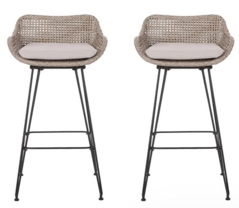 Pondway Outdoor Wicker and Iron Barstools with Cushion, Set of 2