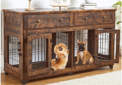 Dog Crate Furniture with 5 Doors, 58" Wooden Dog Kennel End Table with Large Capacity Drawers, Dog House with Openable Divider for Small/Medium/Large.