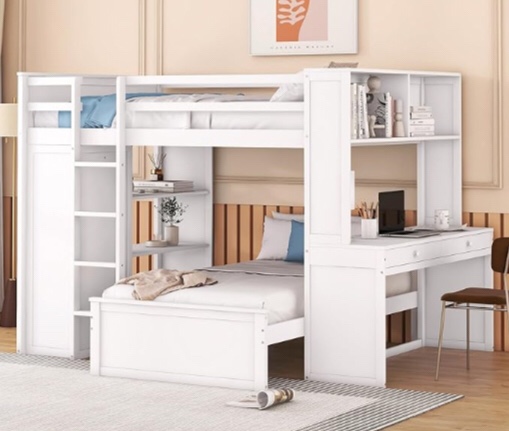 SOFTSEA Full Over Twin Bunk Bed with Desk, Full Size Loft Bed with Wardrobe and Storage, Wood Loft Bed with Stand-Alone Bed for Kids Teens (White). 2 of 3 only. Incomplete