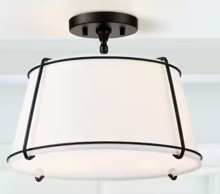 Celina 15 in. 2-Light White Fabric Semi-Flush Mount Light With Black Hardware