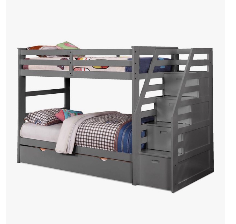 BEKids Wood Twin/Twin Staircase Bunk Bed with Trundle/Storage Steps in Gray(Incomplete box 1 of 3 )