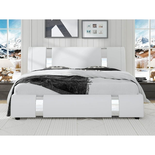 Sha Cerlin Queen Size Platfrom Bed Frame with Iron Pieces Decor and Deluxe Upholstered Modern Adjustable Headboard, White